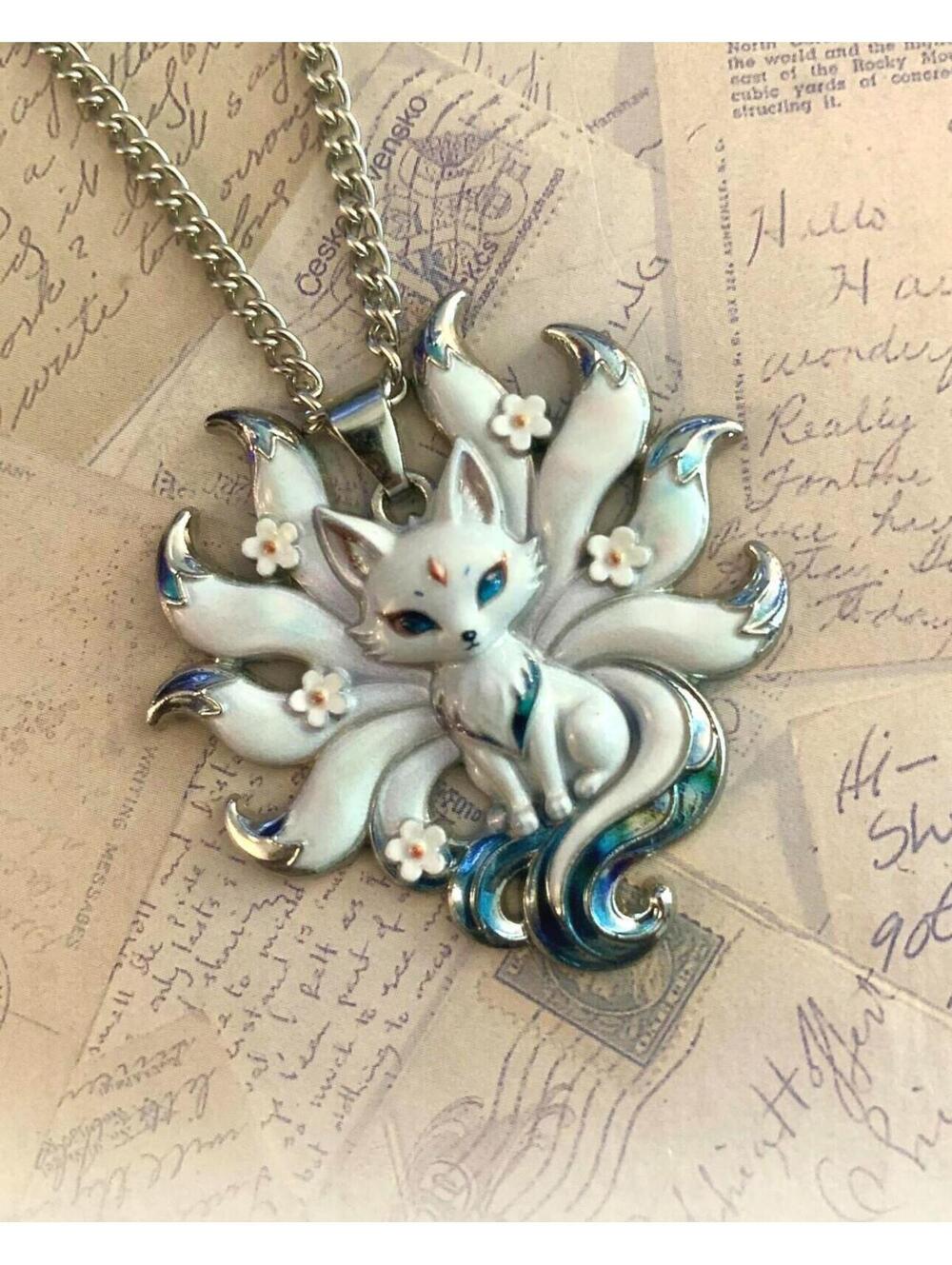 Nine Tailed White Fox Kitsune Pendant Necklace Silver Tone Anime Fantasy Floral